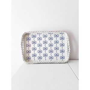 Large Blue & White Bow Print Tray with Wicker Rim Serving Tray, Tea Tray